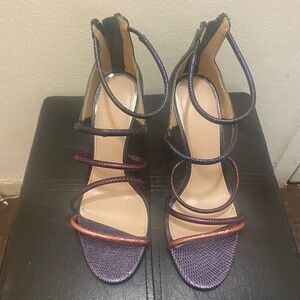 Elegant Multicolored Strappy Women's Heels Faux leather with back zip closure.